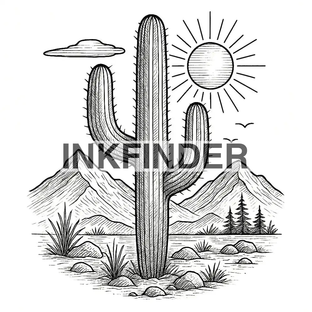 Cactus In The Desert cactus in the desert with mountains and sun