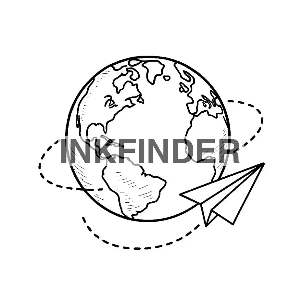 Fineline Traveler Tattoo With Airplane Flying Around The World Fineline Traveler Tattoo With AIrplane Flyng Around The